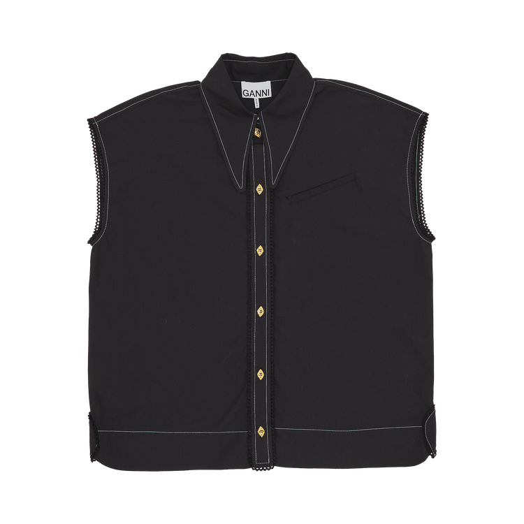 GANNI Cotton Poplin Sleeveless Button Down Shirt "Black"
