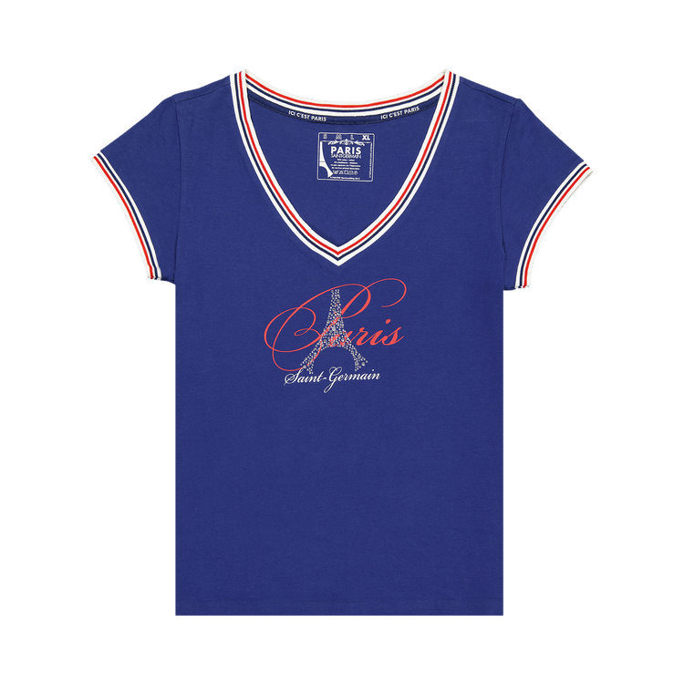 Vintage Paris Saint-Germain Crystal Embellished Eiffel Tower V-Neck T-Shirt "Blue"