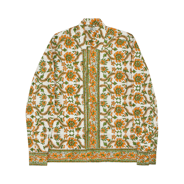 Bode Citrus Fleur Block Print Long-Sleeve Shirt "Orange Green"