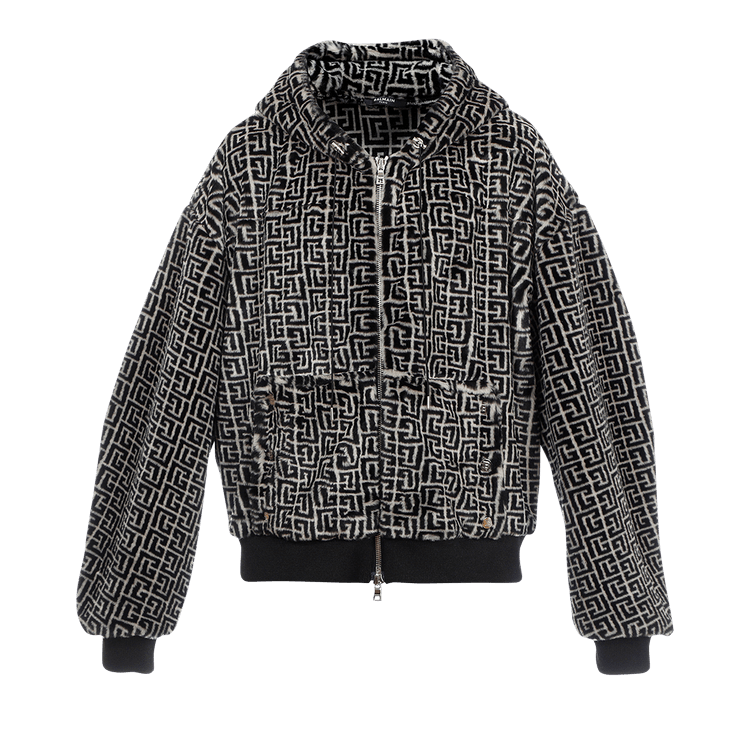 Balmain Monogram Faux Fur Hoodie "Ivoire/Noir"