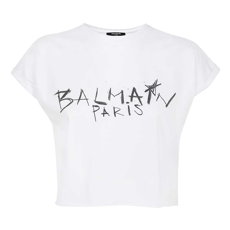 Balmain Cropped T-Shirt With Graffiti Print "White"