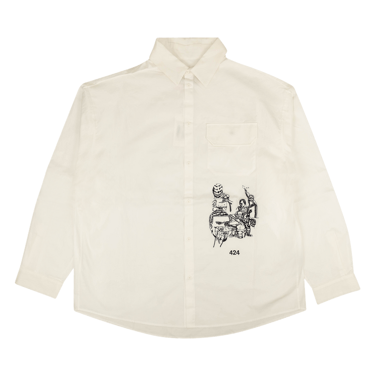 424 Psycho Embroidered Button Down Shirt "White"