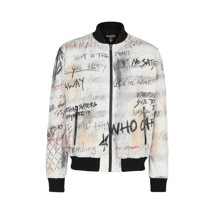 Balmain Nylon Bomber Jacket With Graffiti Print "White"