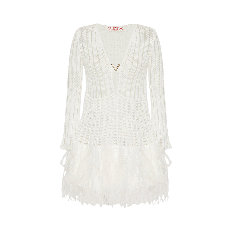 Valentino Crochet Knit Feathered Mini Dress "White"