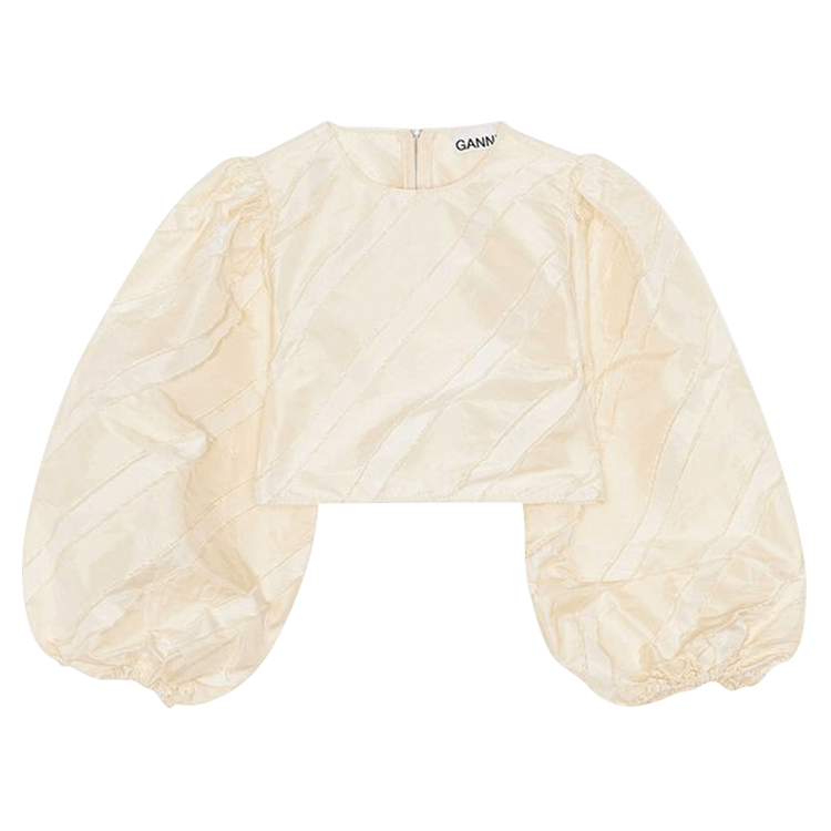 GANNI Stripe Tafetta Wide Sleeves Fitted Blouse "Egret"