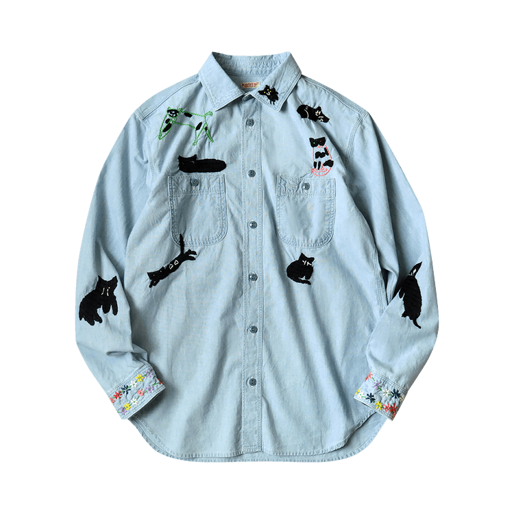 Kapital Chambray Work Shirt (Black Cat Embroidery) "Sax"