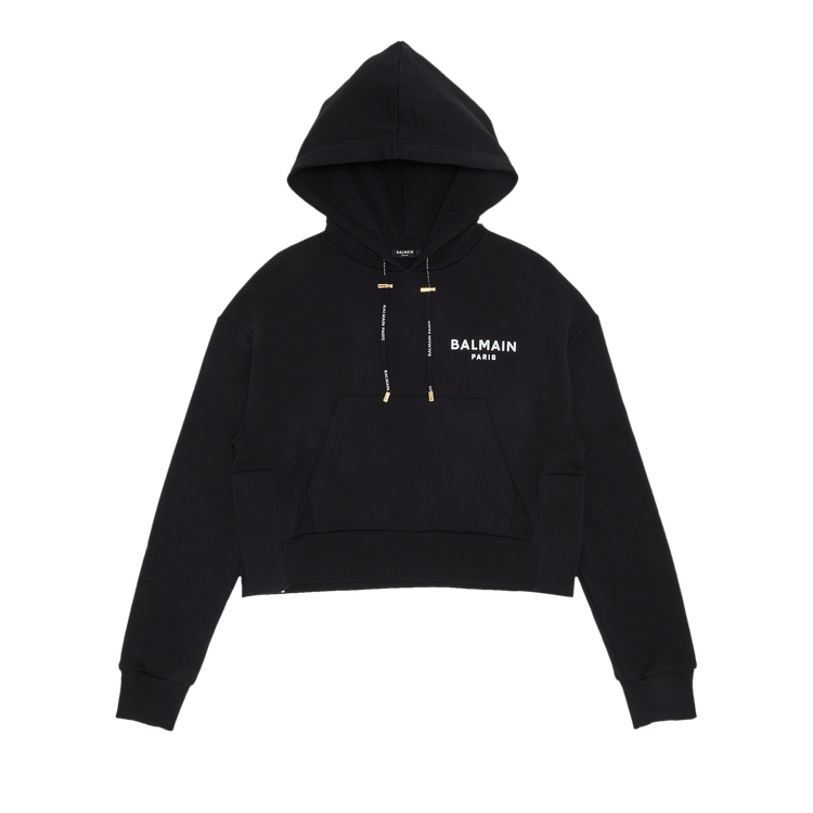 Balmain Flock Detail Cropped Hoodie "Noir/Blanc"