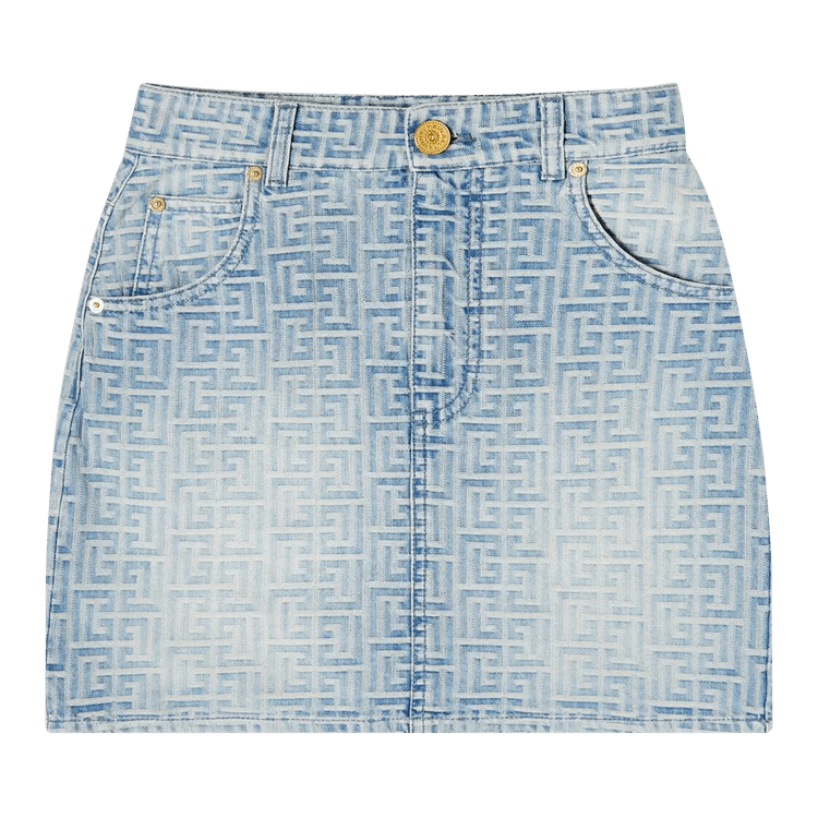 Balmain Allover Monogram Denim Short Skirt "Blue"