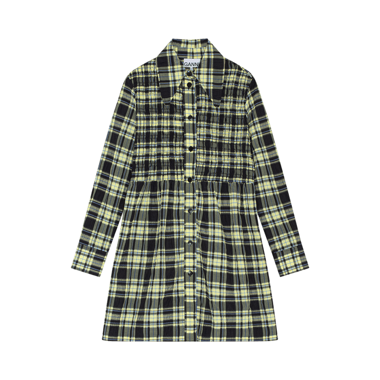 GANNI Checkered Seersucker Shirt Dress "Check Elfin Yellow"
