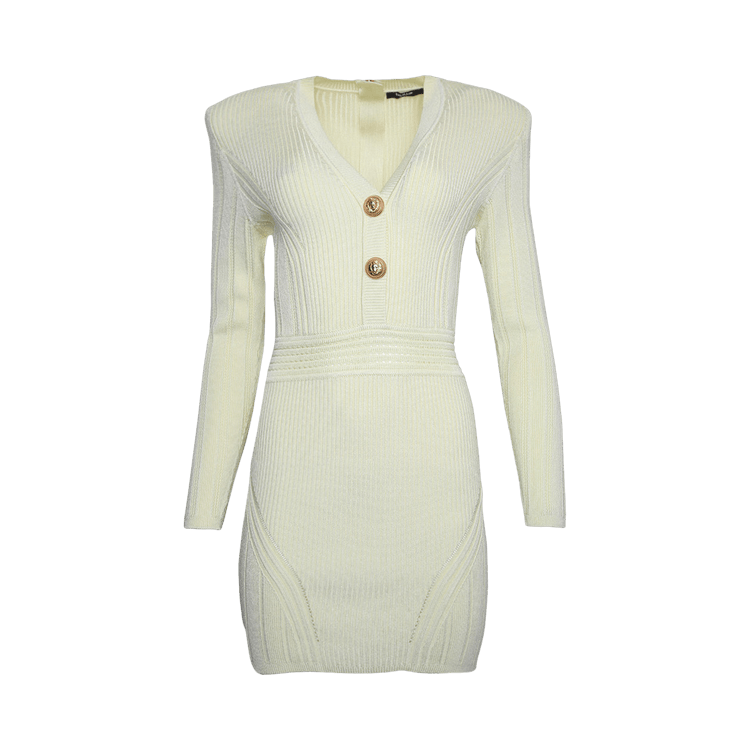 Balmain Long-Sleeve V-Neck Knit Short Dress "Black"
