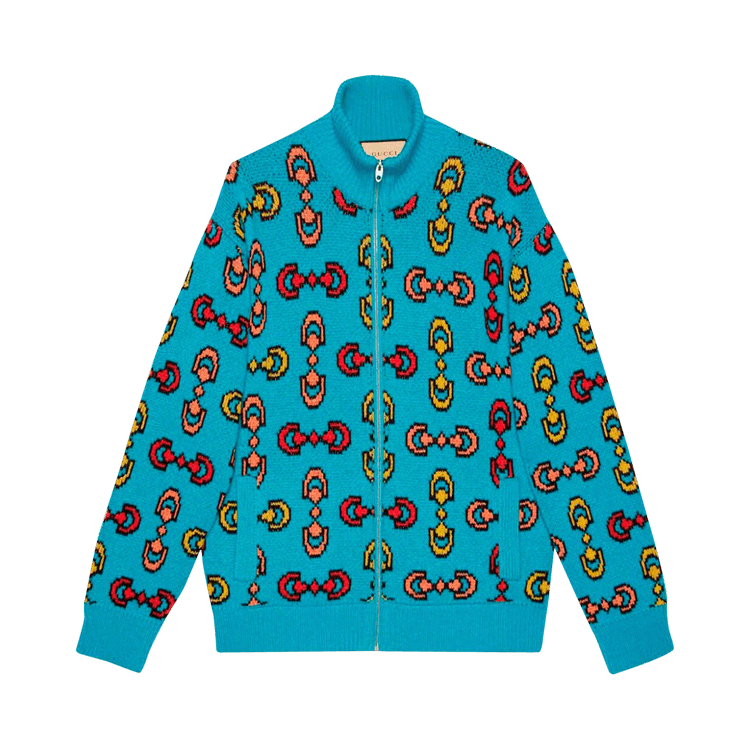 Gucci Horsebit Jacquard Wool Knit Bomber "Blue/Yellow"