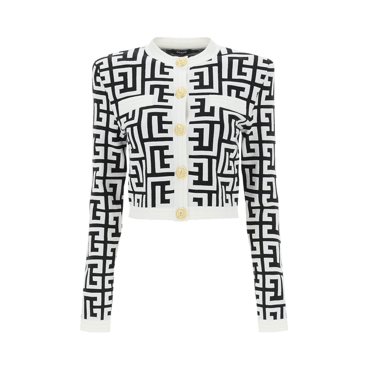 Balmain Monogram Knit Cropped Cardigan "Black/White"
