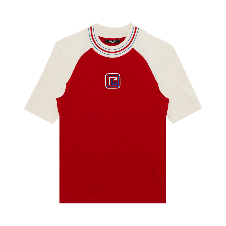 Balmain Raglan Retro PB T-Shirt "Rouge Vif/Crème/Bleu Moyen"