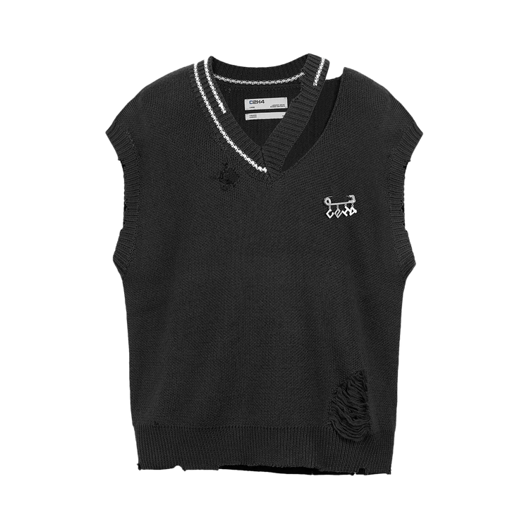 C2H4 Distressed V Neck Sleeveless Knit Vest "Black"