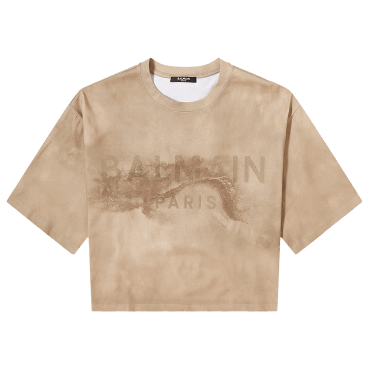 Balmain Eco Responsible Cropped Cotton T-Shirt With Logo Print "Molt/Sand"