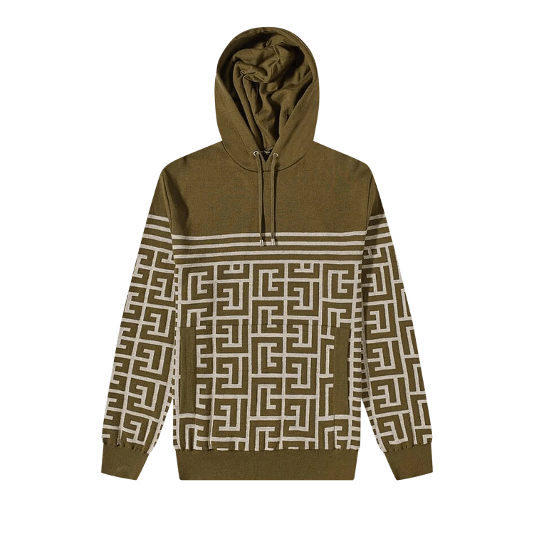 Balmain Monogram Stripe Knit Hoodie "Khaki/Ivroy"