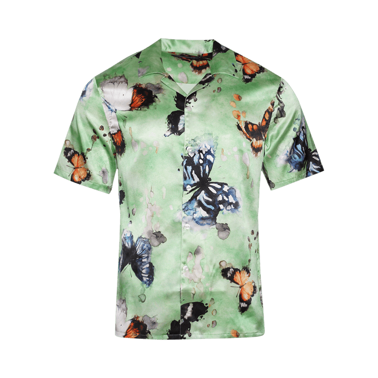 Nahmias Butterfly Silk Short-Sleeve Button Down Shirt "Green"