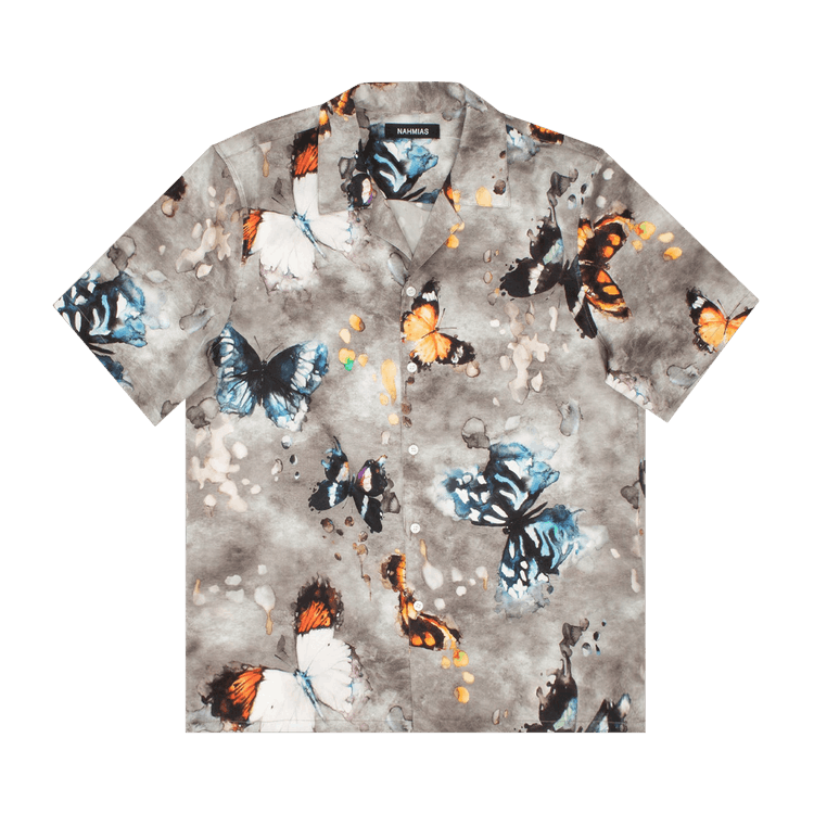 Nahmias Butterfly Silk Short-Sleeve Button Down Shirt "Grey"