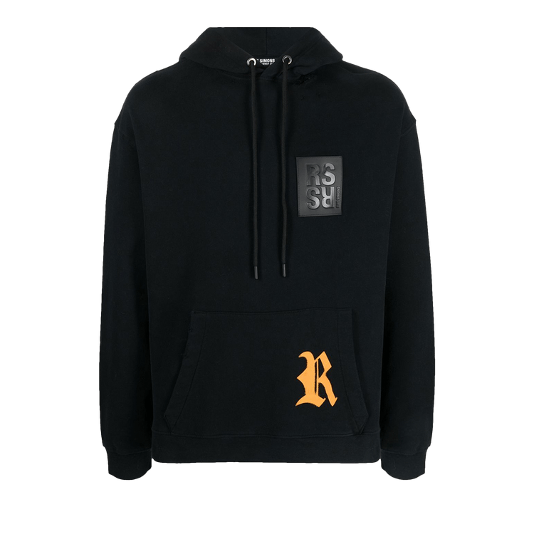 Raf Simons Destroyed Regular Fit Hoodie With R Print On Pocket "Black/Orange"