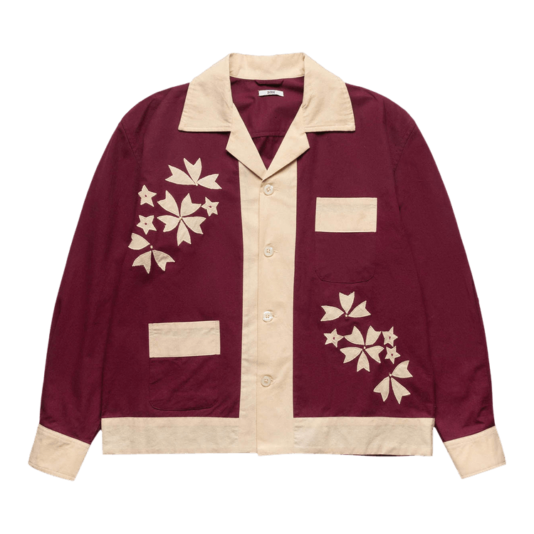 Bode Moonflower Appliqué Long-Sleeve "Maroon Cream"