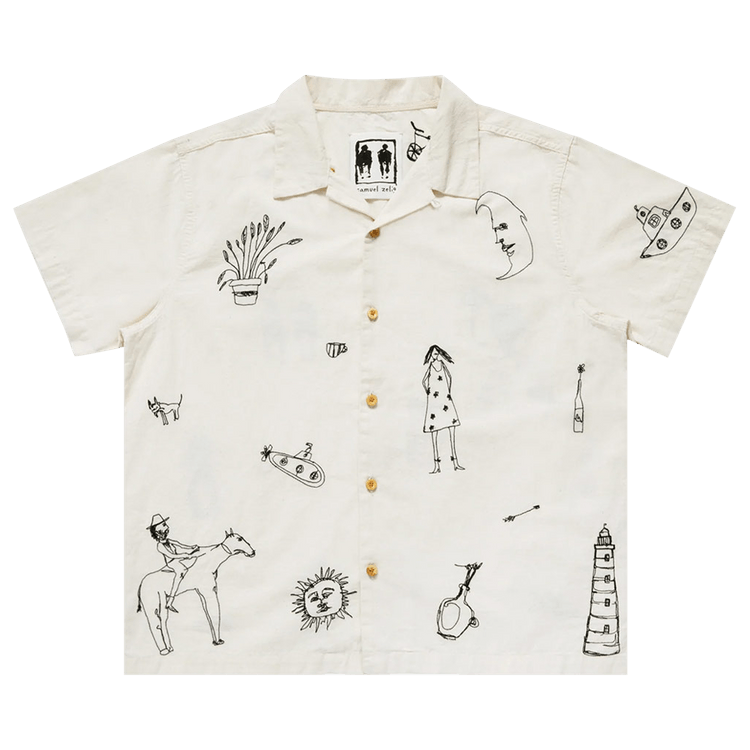 Samuel Zelig Embroidered Camp Shirt "Natural/Embroidered Black Artwork"