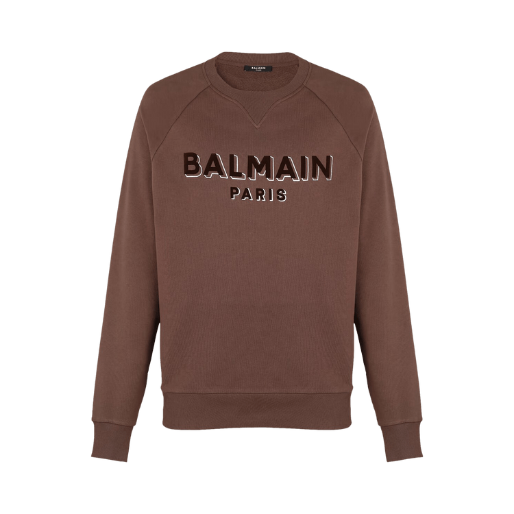 Balmain Flock And Foil Paris Logo Crew Sweatshirt "Brown/Silver"