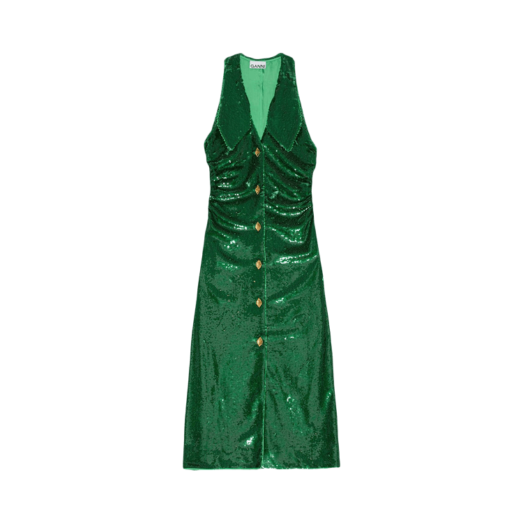 GANNI Sequin Ruched Midi Dress "Kelly Green"