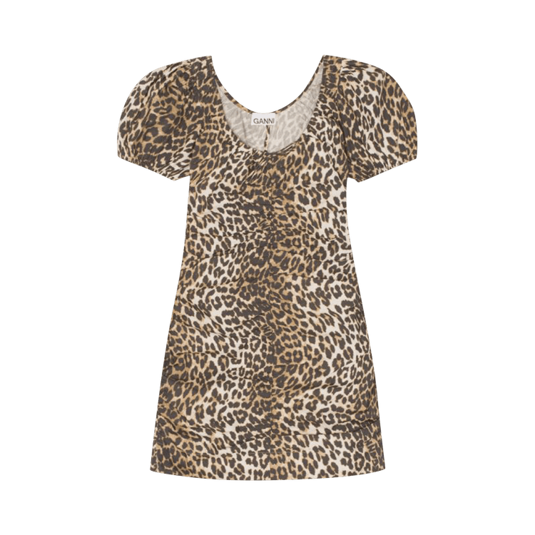 GANNI Printed Gathered U Neck Mini Dress "Leopard"