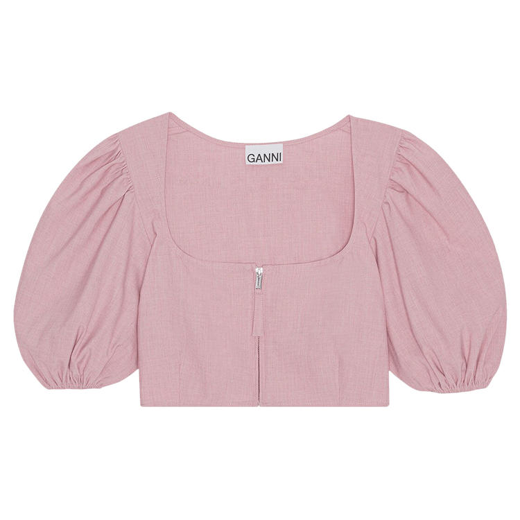GANNI Drapey Melange Cropped Zipper Blouse "Pink"