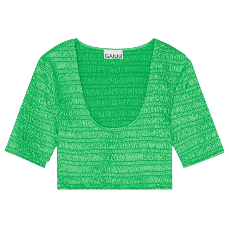 GANNI Crinkled Satin Cropped Smock Blouse "Green"