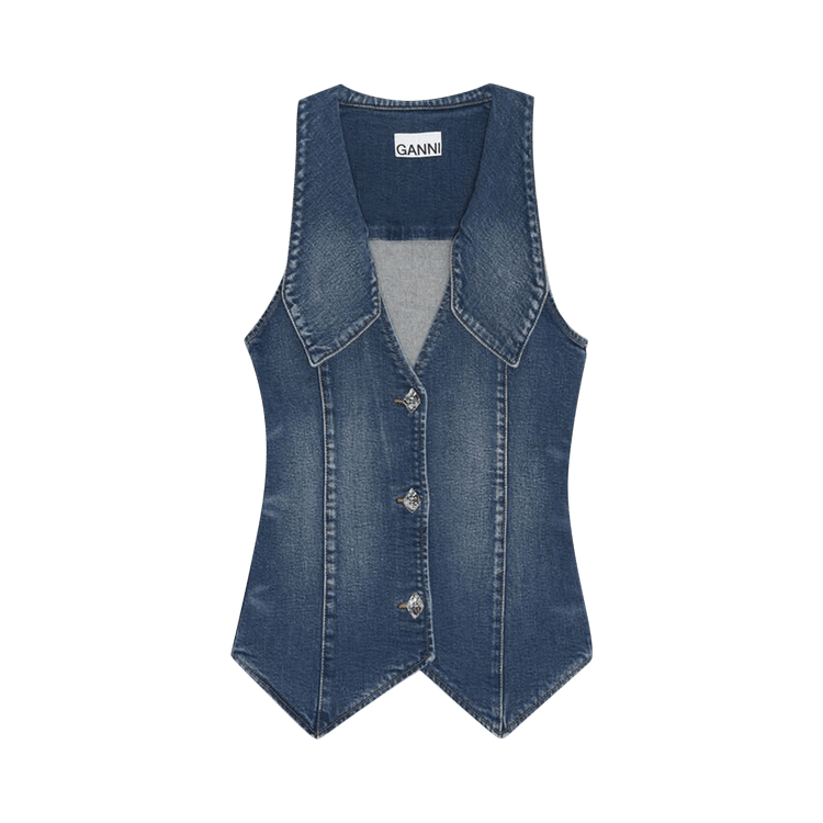 GANNI Oversized Collar Denim Waistcoat "Mid Blue"