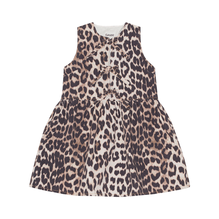 GANNI Print Denim Tieband Mini Dress "Leopard"