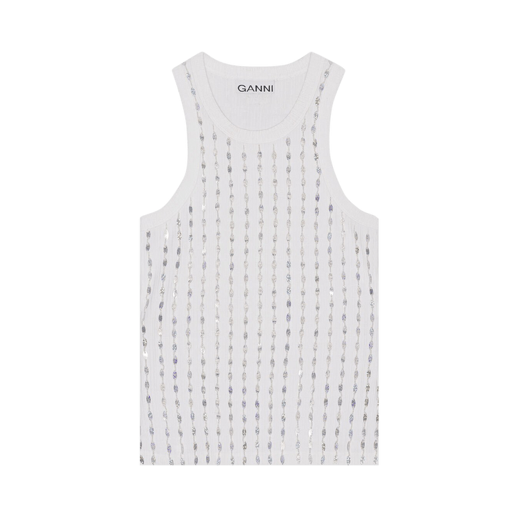 GANNI Rib Jersey Beaded Top "Bright White"