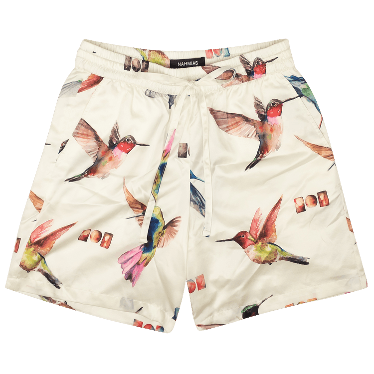 Nahmias Silk Hummingbird Print Shorts "White"