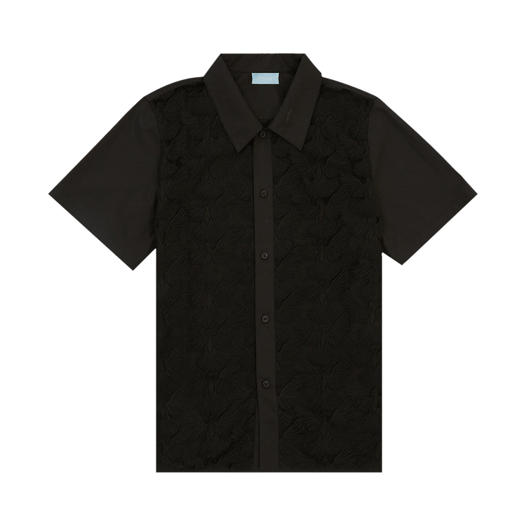 3.PARADIS Unity Doves Black Tulle Short-Sleeve Button Shirt "Black"