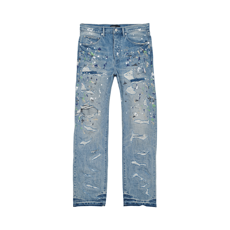 PURPLE BRAND Straight Leg Jeans "Light Indigo/Heavy Repair Paint"