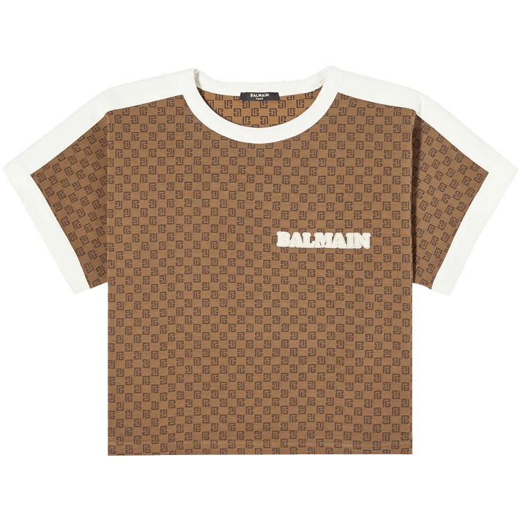 Balmain Mini Monogram Printed Cropped T-Shirt "Marron/Cream"