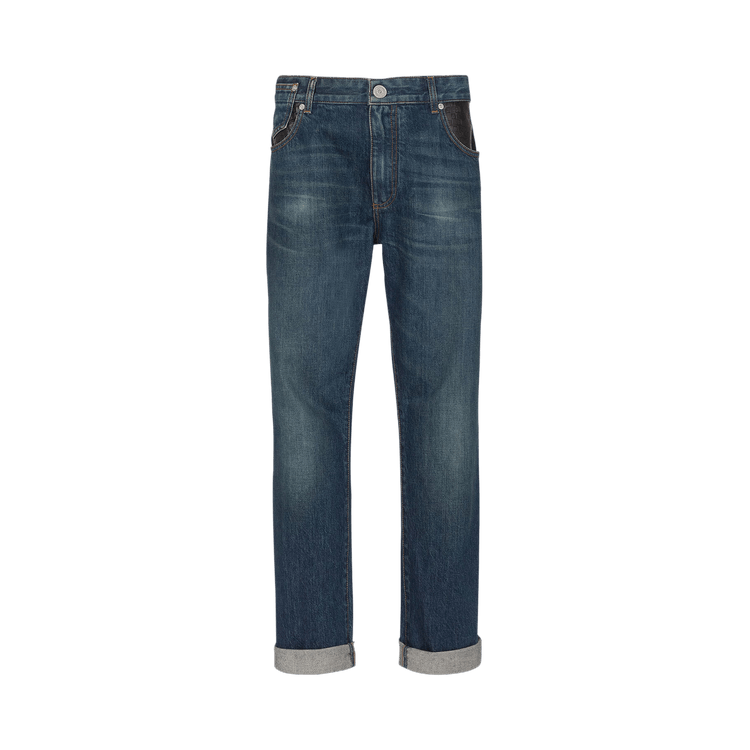 Balmain Leather Pocket Regular Denim Pants "Blue"