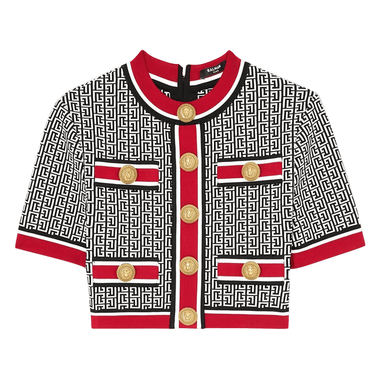 Balmain Jacquard Monogrammed Crop Top "Black/White/Red"