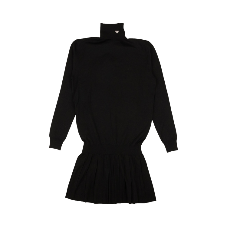 Prada Wool Knit Turtleneck Pleated Mini Dress "Black"