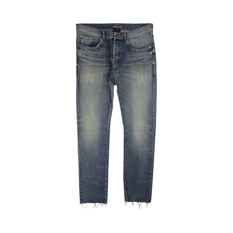 Saint Laurent Boot Cut Distressed Raw Hem Paisley Jeans "Blue"