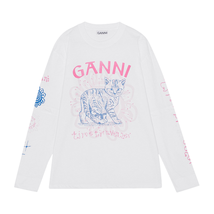 GANNI Light Jersey Cat Long-Sleeve T-Shirt "Bright White"