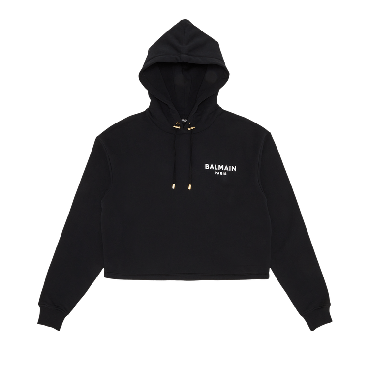 Balmain Flock Detail Cropped Hoodie "Black/White"