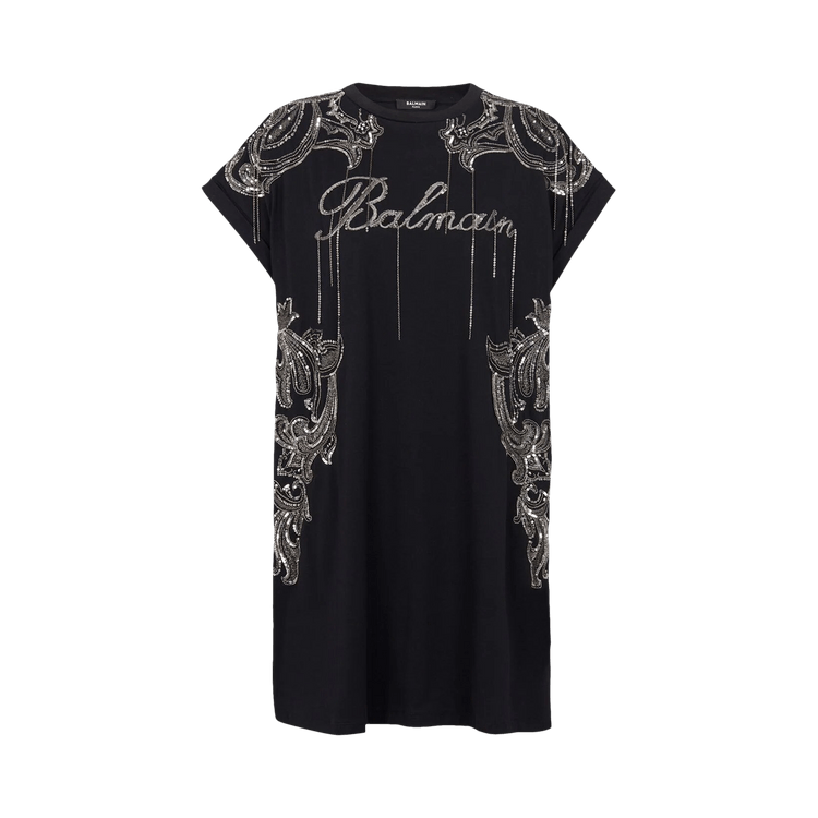 Balmain Sleeveless Embroidered Paisley Chains Short Dress "Black/Old Silver"