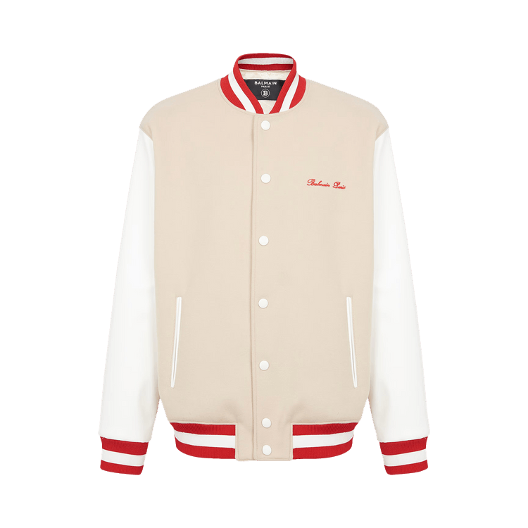 Balmain Bicolor Signature Varsity Jacket "Ivory/Off White/Red"
