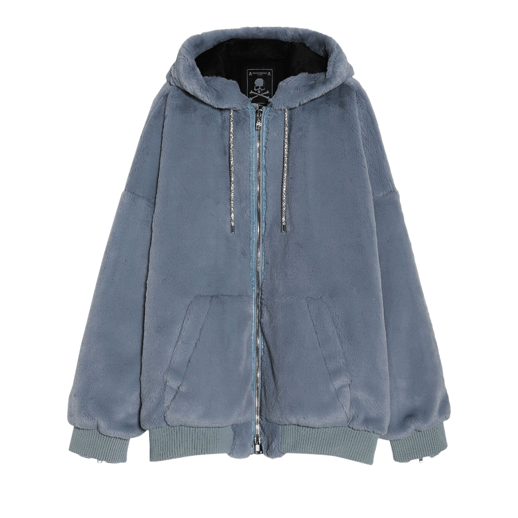 Mastermind Hooded Ribbed Faux Fur Jacket "Blue"