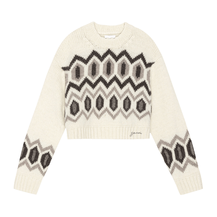 GANNI Chunky Wool Cropped O-Neck Sweater "Egret White"