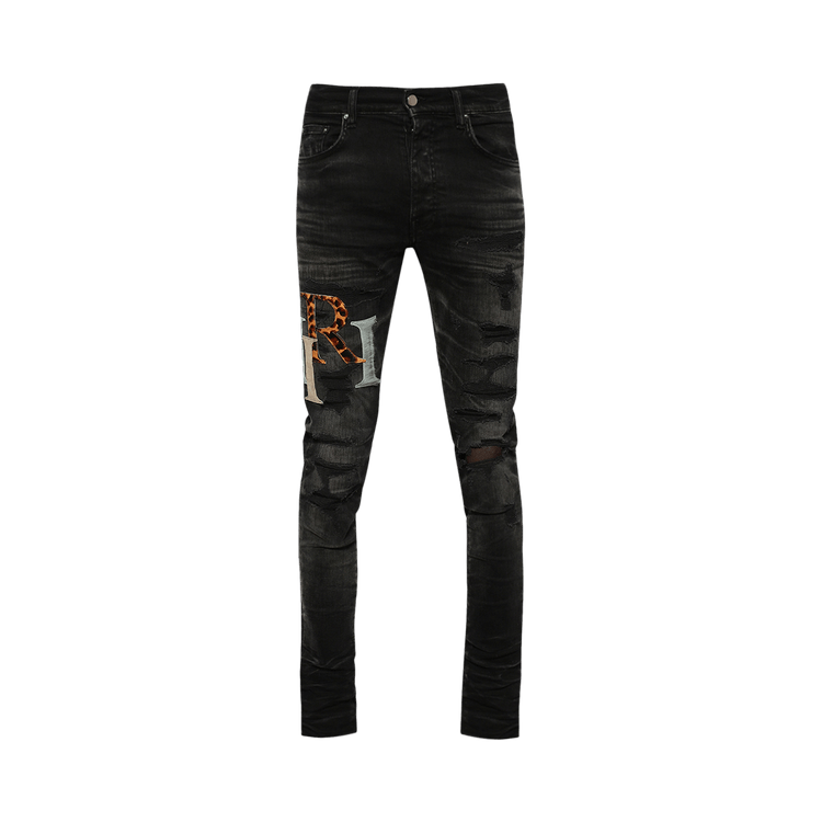 Amiri Multi Leather Staggered Logo Jean "Faded Black"