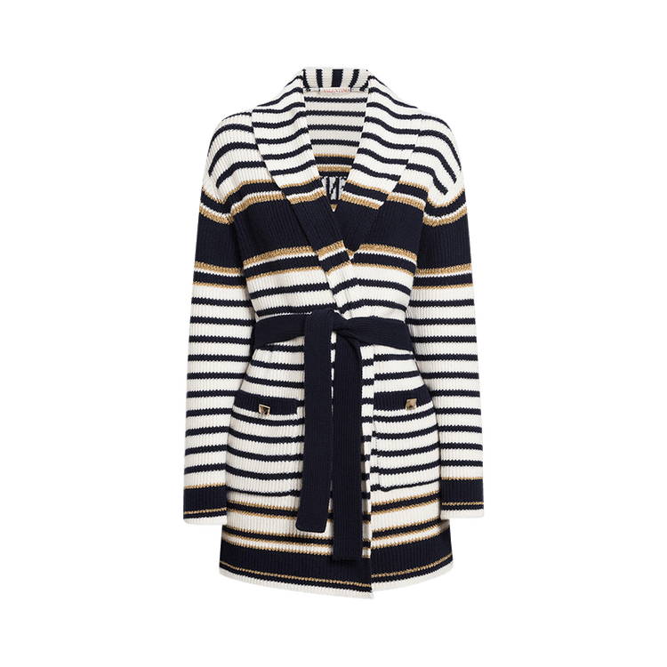 Valentino Striped Long-Sleeve Cardi Coat "Avorio/Navy"