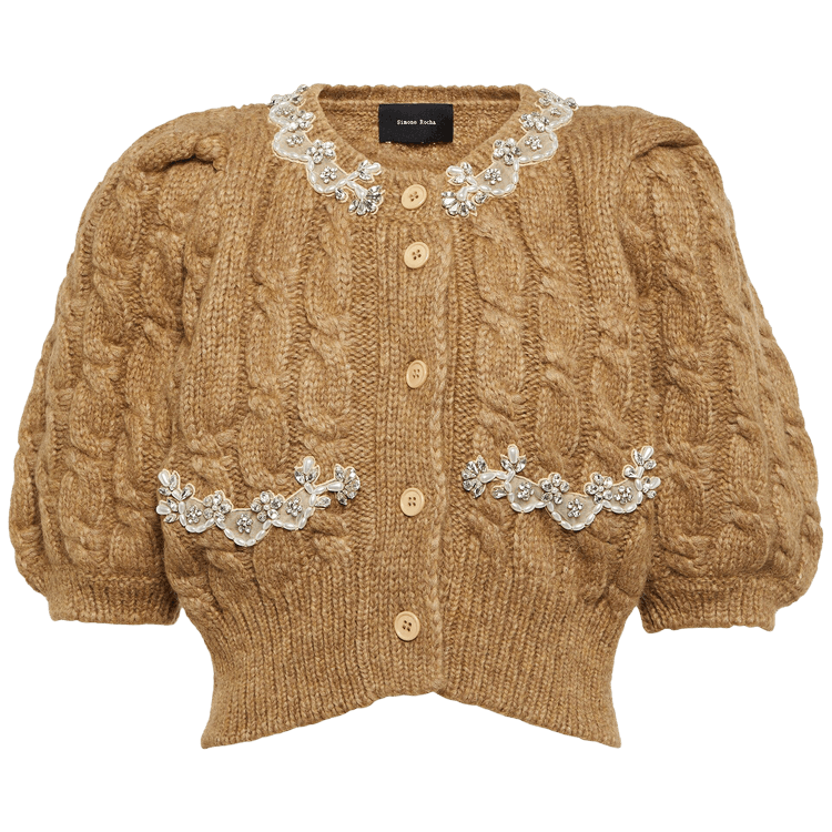 Simone Rocha Cropped Cable Puff Sleeve Cardigan "Camel"